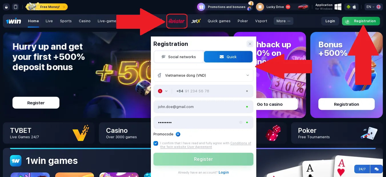 register 1win aviator