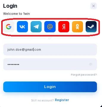 1win login via social network